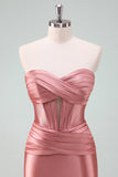 Stilfuld Fuchsia Bodycon Sweetheart Satin Korset Kort Cocktailkjole