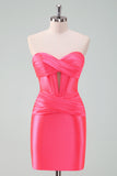 Stilfuld Fuchsia Bodycon Sweetheart Satin Korset Kort Cocktailkjole