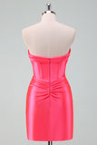 Stilfuld Fuchsia Bodycon Sweetheart Satin Korset Kort Cocktailkjole