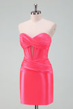 Stilfuld Fuchsia Bodycon Sweetheart Satin Korset Kort Cocktailkjole