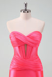 Stilfuld Fuchsia Bodycon Sweetheart Satin Korset Kort Cocktailkjole