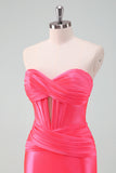 Stilfuld Fuchsia Bodycon Sweetheart Satin Korset Kort Cocktailkjole