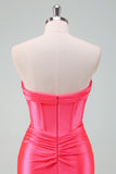 Stilfuld Fuchsia Bodycon Sweetheart Satin Korset Kort Cocktailkjole