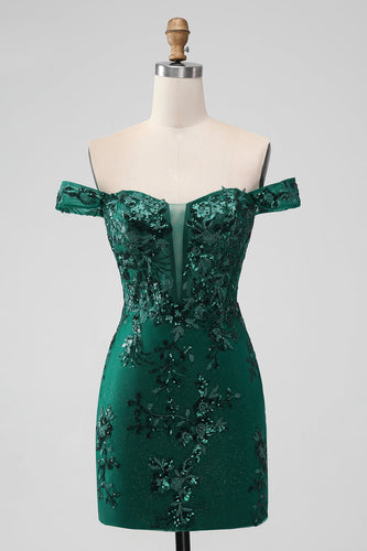 Glitrende mørkegrøn Off The Shoulder Tight kort homecoming kjole med pailletter