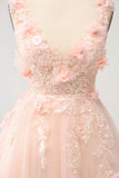 Sparkly Blush A Line V Neck Pailletkort Homecoming Kjole med 3D Blomster