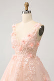 Sparkly Blush A Line V Neck Pailletkort Homecoming Kjole med 3D Blomster