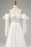 Princess White A-Line Lace Up Tulle Corset Brudekjole med applikationer blonder