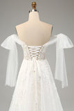 Princess White A-Line Lace Up Tulle Corset Brudekjole med applikationer blonder