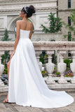 Elegant hvid A Line Stropløs plisseret fejetog korset brudekjole med slids