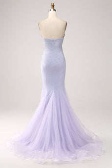 Lilac Havfrue Stropløs Beaded Long Prom Kjole