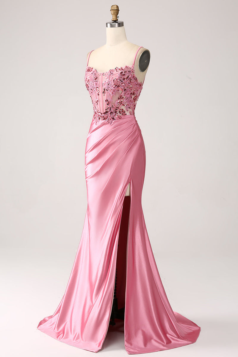 Indlæs billede til gallerivisning Pink Havfrue Spaghetti Stropper Pailletkorset Prom Kjole med slids