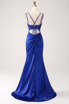Royal Blue Mermaid Corset Beaded Long Prom Dress med slids