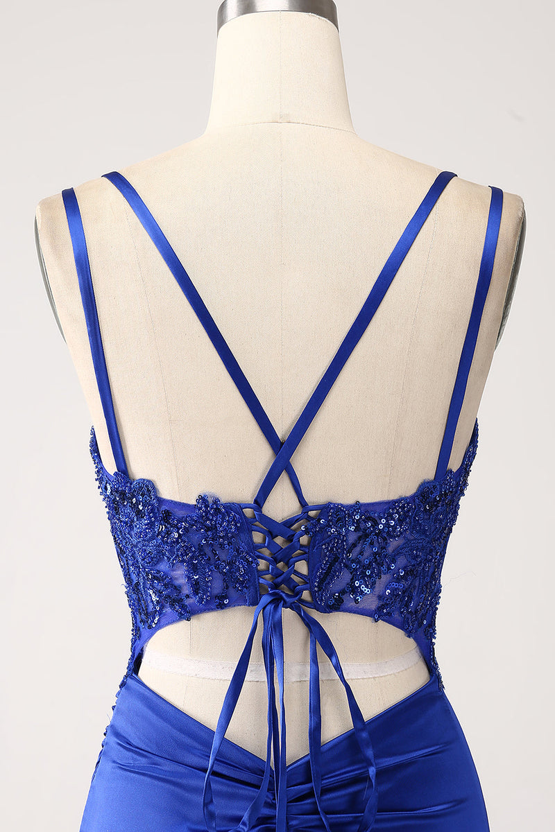 Indlæs billede til gallerivisning Royal Blue Mermaid Corset Beaded Long Prom Dress med slids