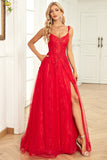 A Line Spaghetti Straps Red Long Prom Dress med applikationer