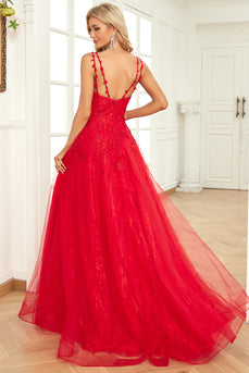 A Line Spaghetti Straps Red Long Prom Dress med applikationer