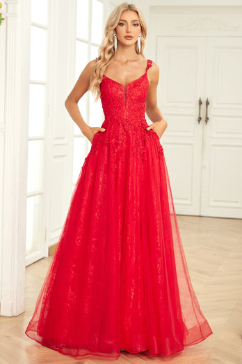 A Line Spaghetti Straps Red Long Prom Dress med applikationer