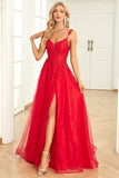 A Line Spaghetti Straps Red Long Prom Dress med applikationer