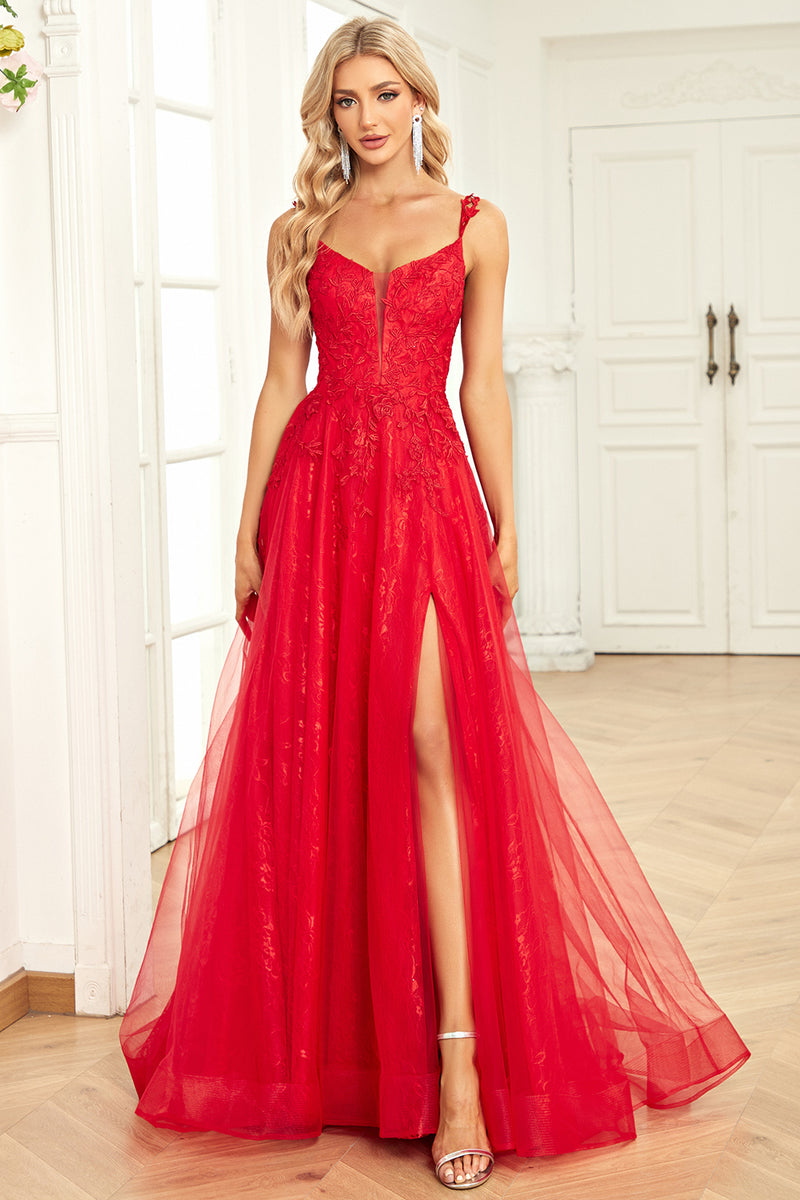 Indlæs billede til gallerivisning A Line Spaghetti Straps Red Long Prom Dress med applikationer