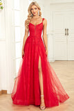 A Line Spaghetti Straps Red Long Prom Dress med applikationer