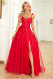 A Line Spaghetti Straps Red Long Prom Dress med applikationer