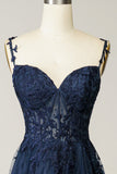 En Line Spaghetti Straps Navy Gallakjole med Applikations