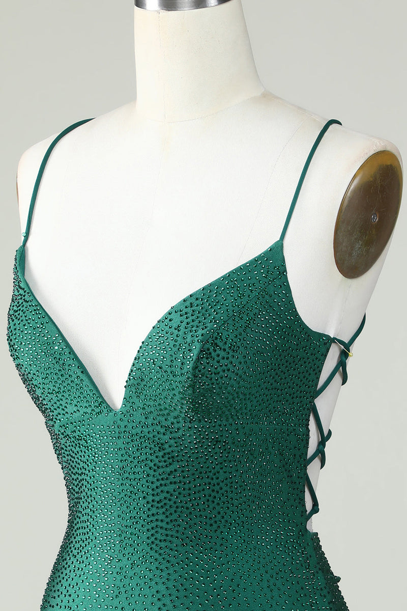 Indlæs billede til gallerivisning Skede Spaghetti Stropper Mørkegrøn Kort Homecoming Kjole med perler