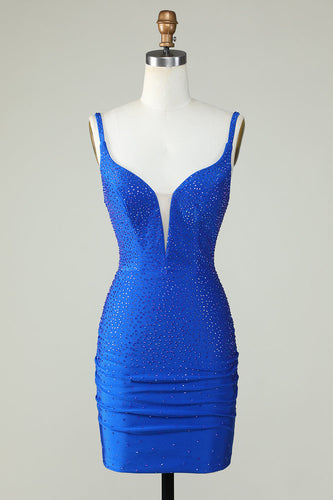Bodycon dyb V-hals Royal Blue kort homecoming kjole med perler