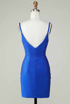 Bodycon dyb V-hals Royal Blue kort homecoming kjole med perler