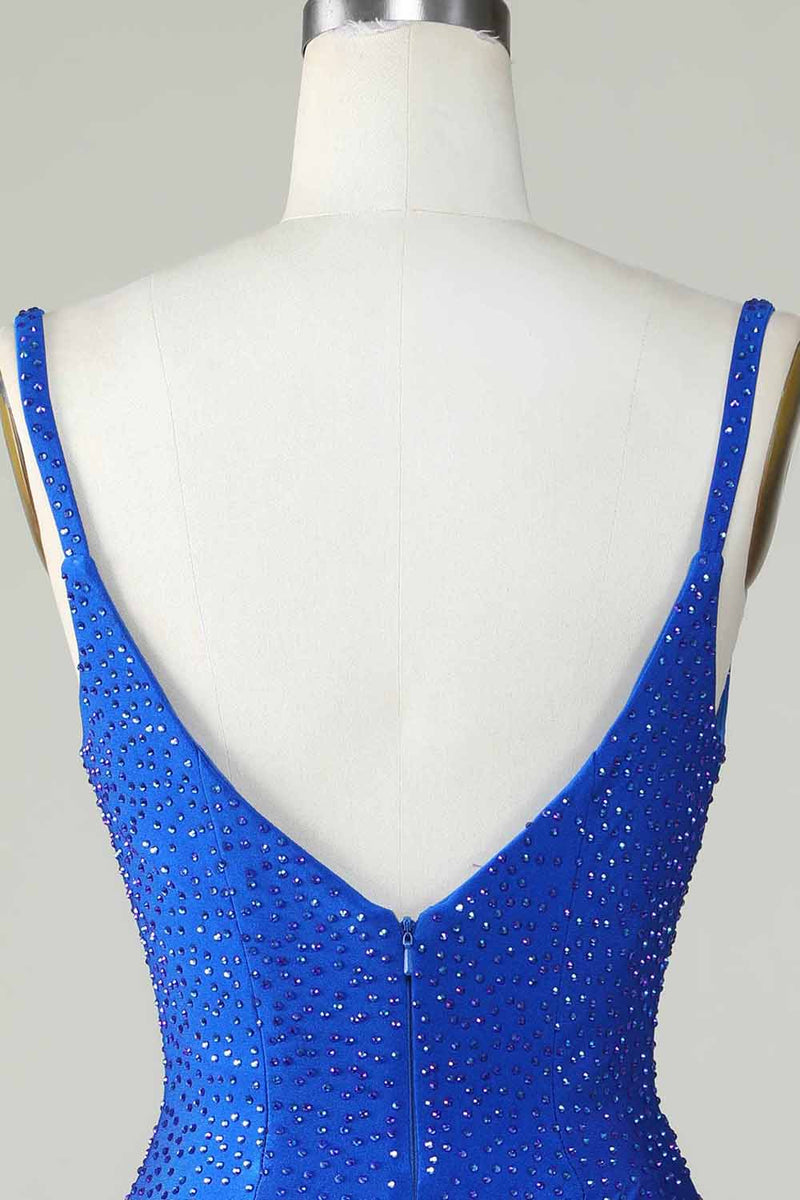 Indlæs billede til gallerivisning Bodycon dyb V-hals Royal Blue kort homecoming kjole med perler