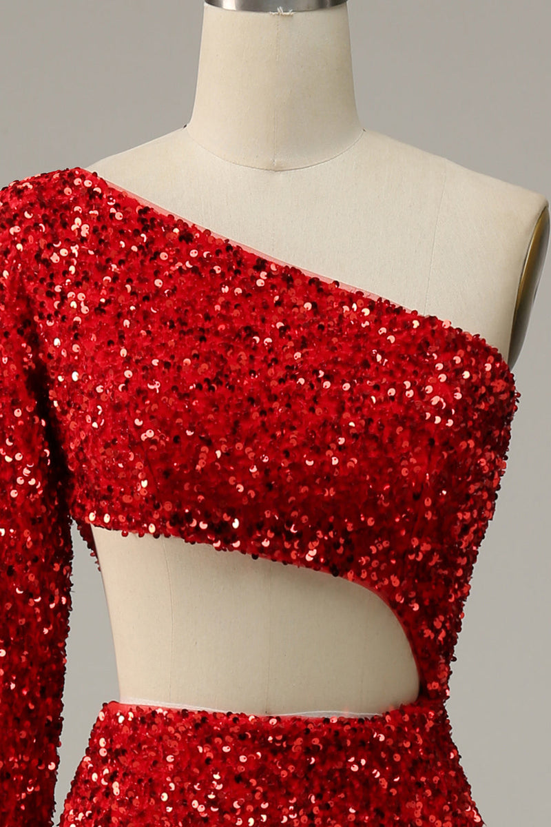 Indlæs billede til gallerivisning Havfrue en skulder Røde pailletter skåret ud prom kjole med split front