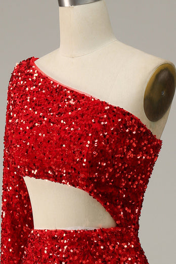 Havfrue en skulder Røde pailletter skåret ud prom kjole med split front