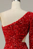 Indlæs billede til gallerivisning Havfrue en skulder Røde pailletter skåret ud prom kjole med split front