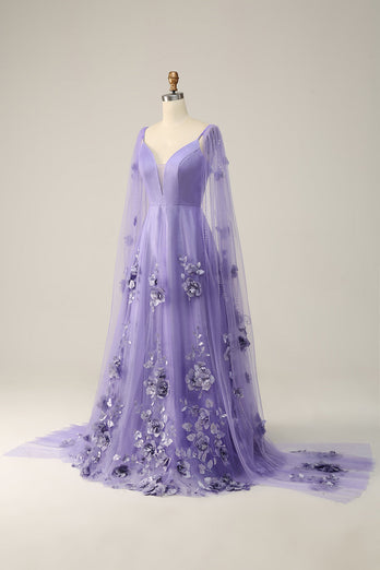 Lilla Watteau Train Prom kjole med 3D blomster