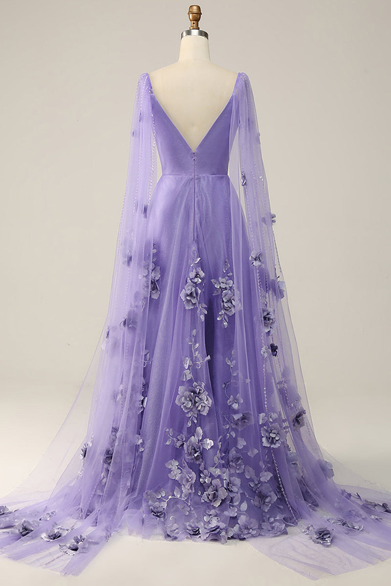 Indlæs billede til gallerivisning Lilla Watteau Train Prom kjole med 3D blomster