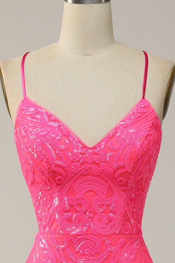 Havfrue Spaghetti Stropper Sequined Hot Pink Long Prom Dress