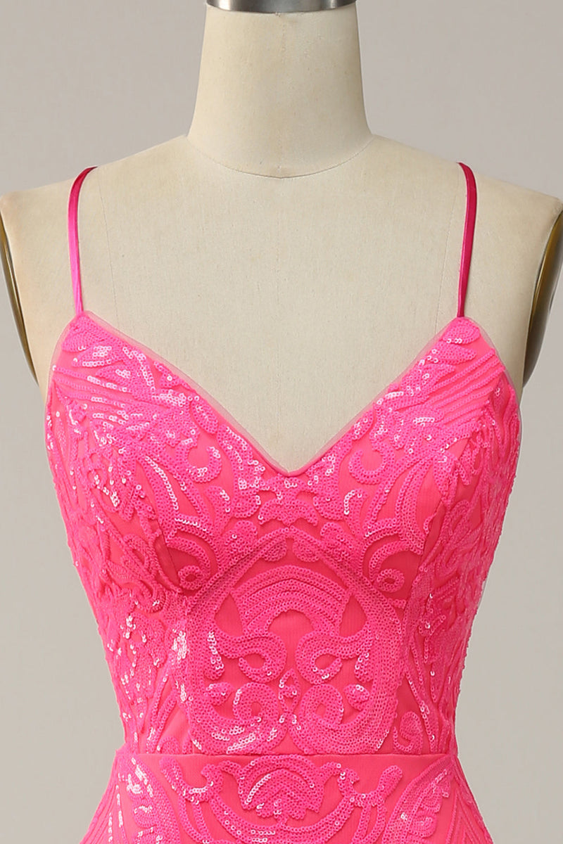 Indlæs billede til gallerivisning Havfrue Spaghetti Stropper Sequined Hot Pink Long Prom Dress