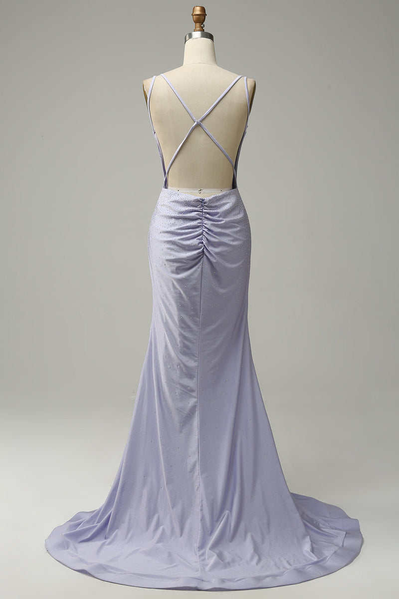 Indlæs billede til gallerivisning Havfrue Spaghetti Stropper Lilac Long Prom Kjole med rygløs