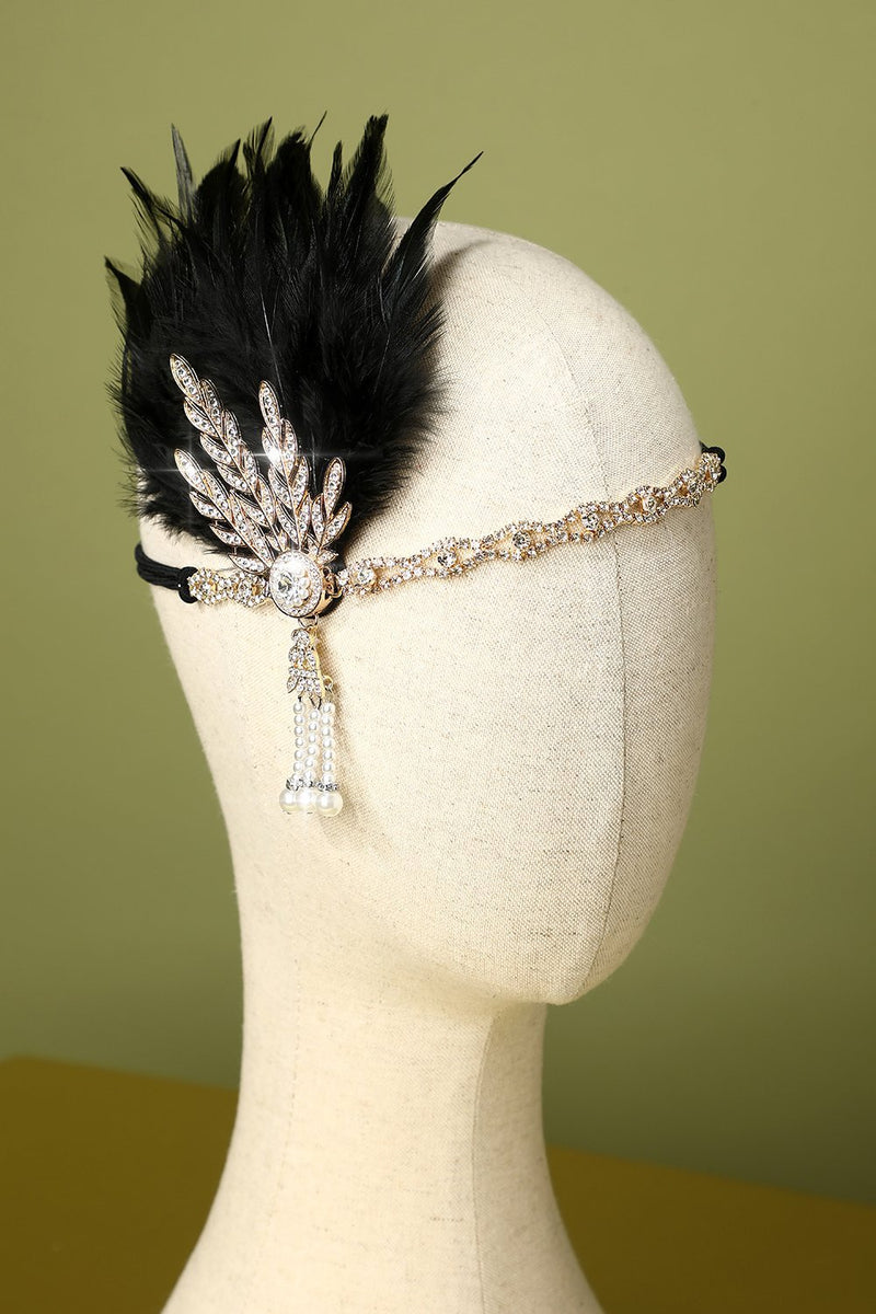 Indlæs billede til gallerivisning Sort beaded Feather Pearl 1920&#39;erne Flapper Pandebånd