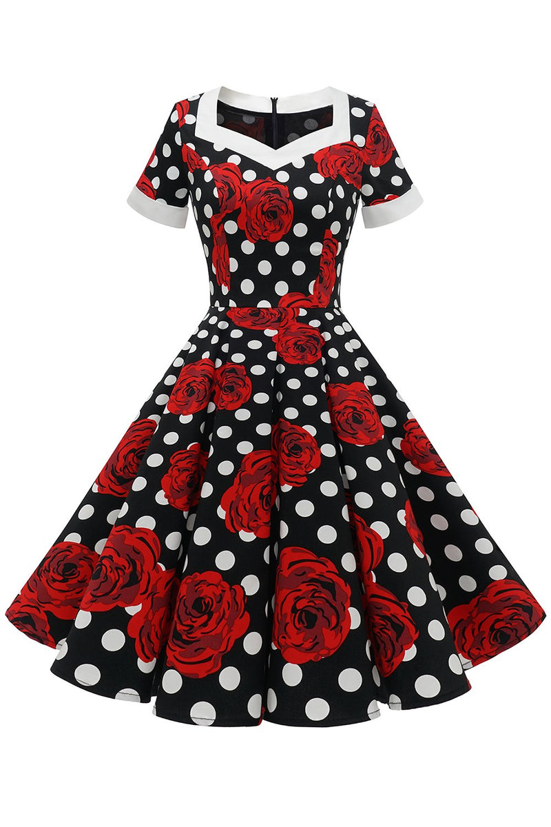 Indlæs billede til gallerivisning Hvide prikker rød blomster vintage kjole