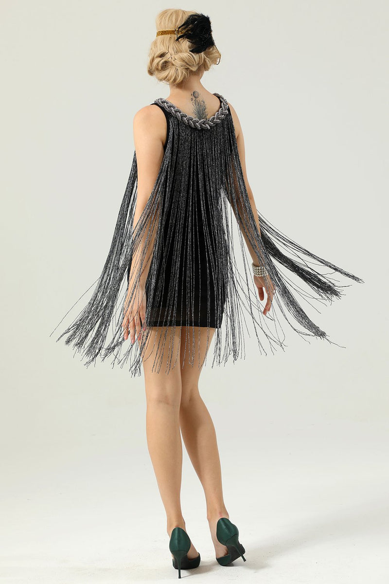 Indlæs billede til gallerivisning Rund hals sort frynset 1920&#39;s kjole