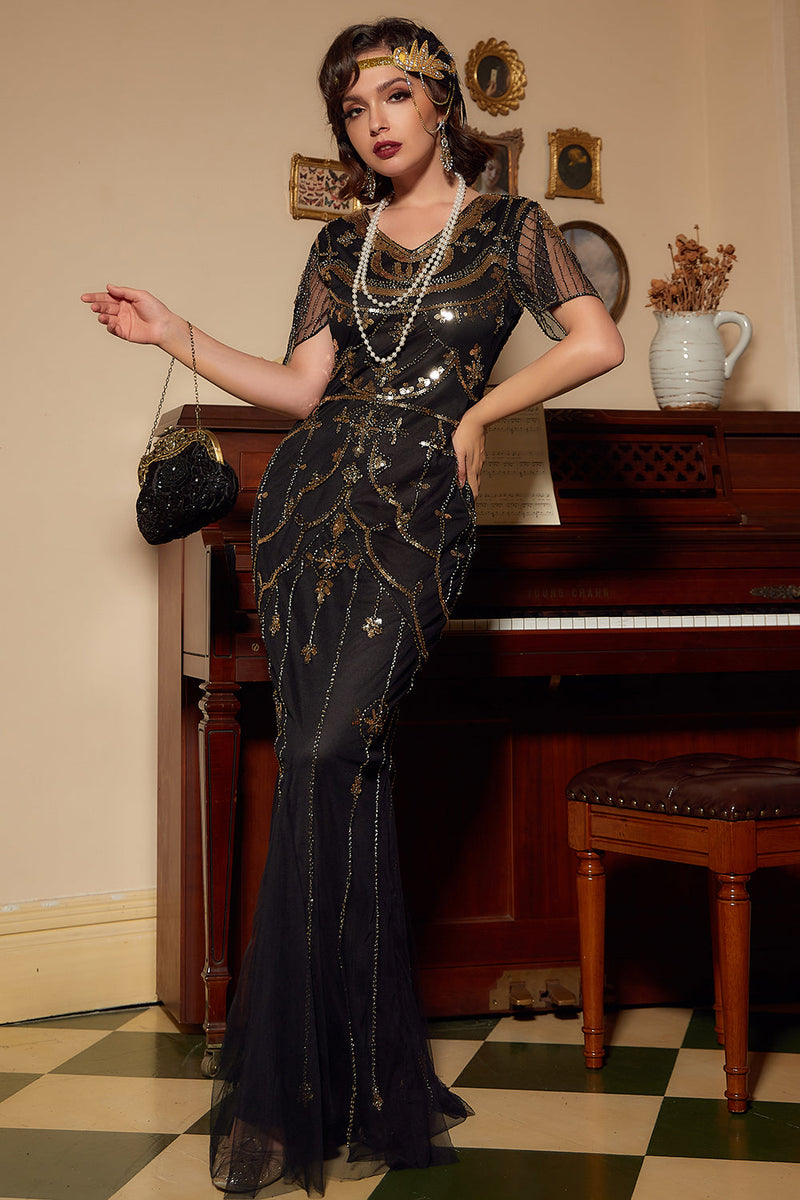 Indlæs billede til gallerivisning Sort Blush pailletter lang kjole fra 1920&#39;erne