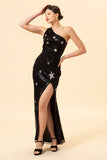 Mermaid One Shoulder Black Pailletter Lang gallakjole med stjerne