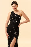 Mermaid One Shoulder Black Pailletter Lang gallakjole med stjerne