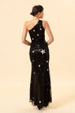 Mermaid One Shoulder Black Pailletter Lang gallakjole med stjerne