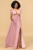 Blush V-Neck Lang Chiffon Brudepige Kjole