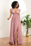 Blush V-Neck Lang Chiffon Brudepige Kjole