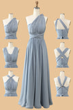 A Line One Shoulder V Neck Halter Neck Floor Length Grey Blue Brudepige Kjole