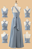 A Line One Shoulder V Neck Halter Neck Floor Length Grey Blue Brudepige Kjole