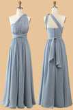 A Line One Shoulder V Neck Halter Neck Floor Length Grey Blue Brudepige Kjole