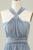 A Line One Shoulder V Neck Halter Neck Floor Length Grey Blue Brudepige Kjole